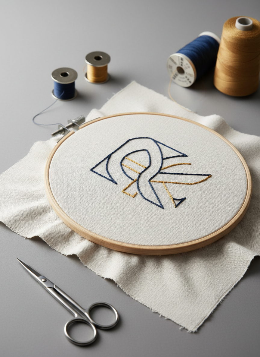 A close-up, photographic view of an embroidery hoop holding a piece of soft, off-white linen, partially stitched with a refined, modern brand logo in deep navy and warm gold thread. Fine, tidy stitches form crisp lines and smooth curves. Around the hoop, neatly arranged embroidery tools—precision scissors, metallic bobbins, and color-matched thread cones—sit on a matte, dove-gray work surface. Soft studio lighting from the side creates gentle highlights along the metallic tools and subtle shadows around the hoop. Captured from a slightly elevated angle with a shallow depth of field, the mood is focused and meticulous, evoking a professional, detail-oriented embroidery studio.