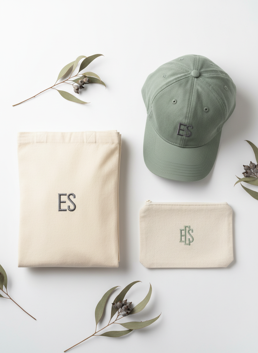 A minimalist flat lay of a custom embroidered brand package displayed on a clean white background: a neatly folded canvas tote with a small, tasteful logo, a structured baseball cap with precise stitching, and a linen pouch featuring a subtle monogram. Each item is embroidered in a cohesive color palette of soft charcoal and muted sage green. Thin sprigs of dried eucalyptus add a natural accent around the products. Bright, even studio lighting ensures every stitch is clearly visible, with soft shadows creating depth. Photographic realism, shot from a bird’s-eye view, conveys a refined, coordinated brand image that feels calm, intentional, and premium.