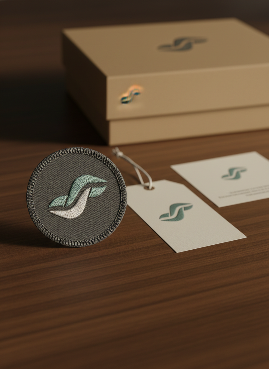 An elegant close-up of a finished embroidered brand patch resting on a dark walnut desk surface. The patch is circular with a clean, modern logo in soft white and muted teal thread on a charcoal twill base, edges finished with flawless merrow stitching. Next to it, a branded swing tag and a folded care card share the same visual identity. A closed kraft box with a small embossed logo sits in the background, softly out of focus. Warm, directional lighting from the side casts gentle shadows and enhances the depth of the stitches. Photographic realism with a calm, sophisticated mood, framed using the rule of thirds for a balanced, professional composition.