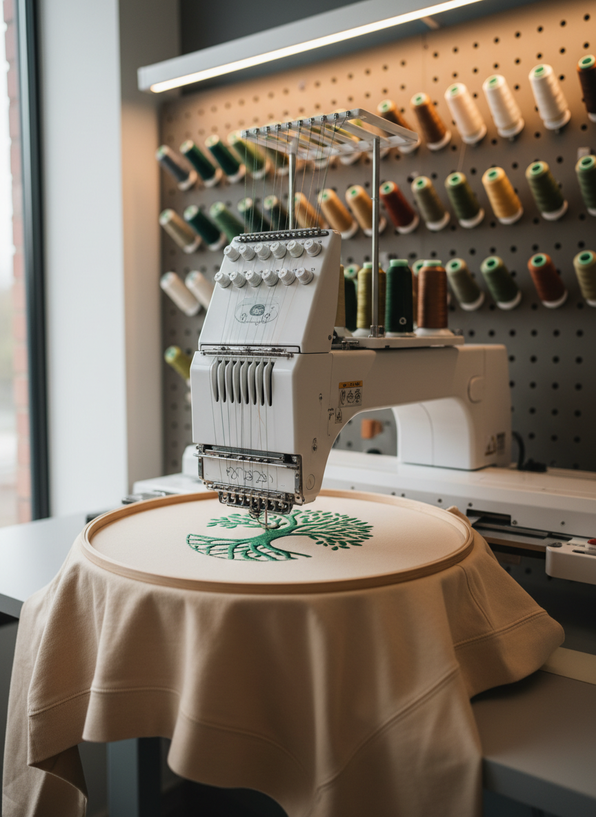 A modern embroidery studio workstation featuring a sleek, white computerized embroidery machine mid-process, stitching a detailed logo onto a pale sand-colored hoodie. The machine’s head is in sharp focus as fine threads in rich forest green and copper are precisely layered into the fabric. In the softly blurred background, color-coordinated thread cones are arranged on a pegboard against a matte, warm gray wall. Cool, diffused overhead lighting combines with a subtle glow from a nearby window, creating a balanced, professional ambience. Photographic realism, captured from a three-quarter angle, emphasizes technical precision, reliability, and the soft, high-quality materials used for thoughtful brand embroidery.