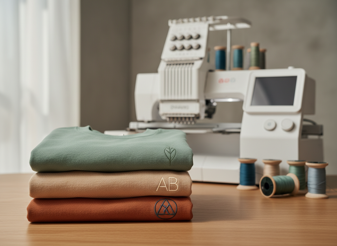 A neatly folded stack of embroidered cotton crewneck sweaters in muted earth tones, each featuring a different small, finely stitched logo near the chest: a delicate leaf, a minimalist monogram, and a clean geometric icon. They rest on a smooth, light oak tabletop in a bright studio setting, with organized spools of thread and a digital embroidery machine softly blurred in the background. Gentle, diffused daylight from a nearby window washes over the scene, highlighting the subtle texture of the threads and fabric. Photographic realism with a clean, modern aesthetic, shot at eye level with a shallow depth of field, creating a calm, professional atmosphere that emphasizes quality and thoughtful branding.