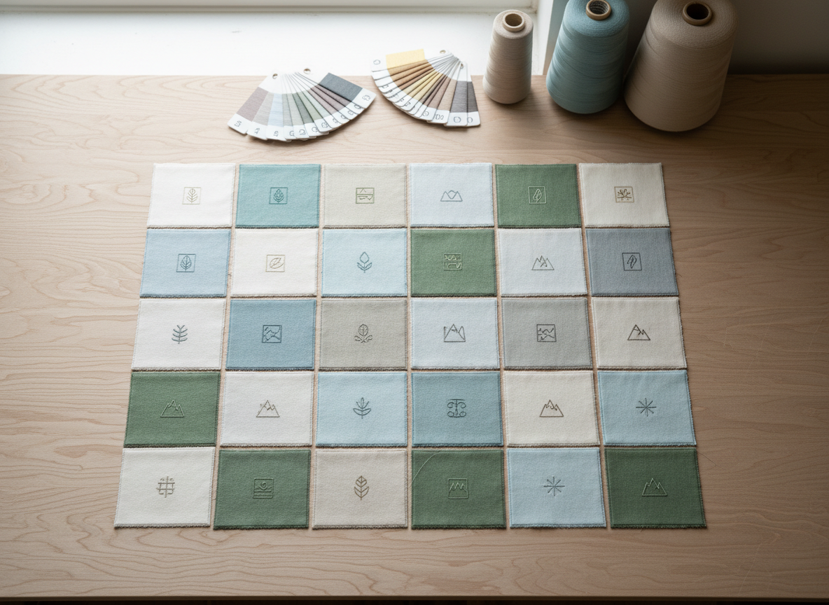 A neatly arranged grid of fabric swatches laid out on a long, light maple workbench, each swatch featuring a small embroidered icon in different thread textures and finishes—matte cotton, subtle sheen rayon, and fine metallic accents. The swatches range from soft neutrals to brand-friendly muted blues and greens. Along the top edge of the frame, color cards and matching thread cones are partially visible, hinting at a careful selection process. Natural daylight from a high window creates soft, even illumination with gentle shadows at the edges of the swatches. Photographic realism, captured from a top-down perspective, communicates customization, precision, and thoughtful material choices for brands.