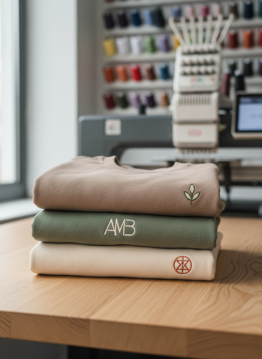 A neatly folded stack of embroidered cotton crewneck sweaters in muted earth tones, each featuring a different small, finely stitched logo near the chest: a delicate leaf, a minimalist monogram, and a clean geometric icon. They rest on a smooth, light oak tabletop in a bright studio setting, with organized spools of thread and a digital embroidery machine softly blurred in the background. Gentle, diffused daylight from a nearby window washes over the scene, highlighting the subtle texture of the threads and fabric. Photographic realism with a clean, modern aesthetic, shot at eye level with a shallow depth of field, creating a calm, professional atmosphere that emphasizes quality and thoughtful branding.